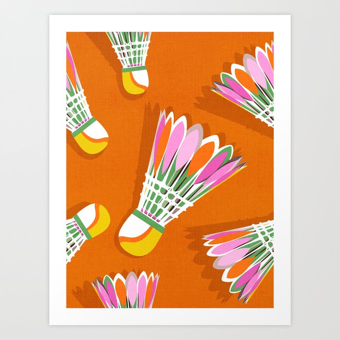Badminton Birdie Pop Art court sport pattern on bright orange Art Print