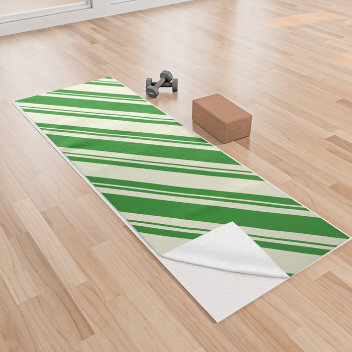 Forest Green and Beige Colored Lined/Striped Pattern Yoga Towel