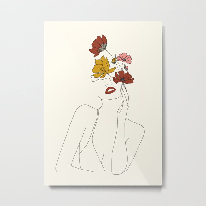 Colorful Thoughts Minimal Line Art Woman with Flowers Metal Print