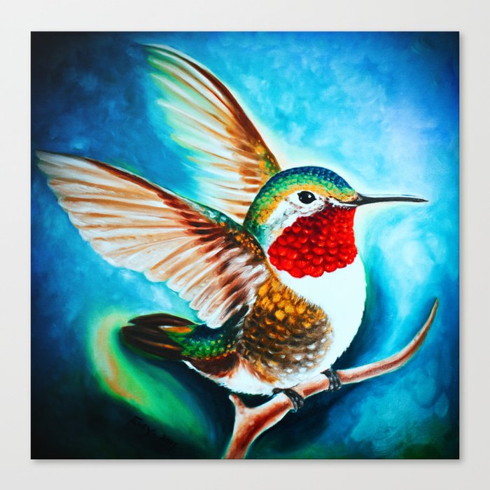 Hummingbird Landing Color Cyan Art Canvas Print