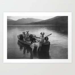 Dogs on a boat black and white canine photograph portrait - photographs - photography Art Print