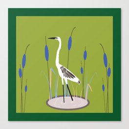 Egret Amongst Cattails - Green Canvas Print