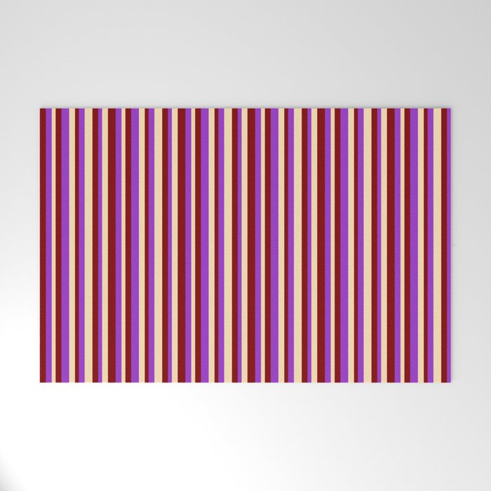 Maroon, Dark Orchid, and Beige Colored Striped/Lined Pattern Welcome Mat