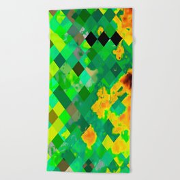 geometric pixel square pattern abstract background in green brown Beach Towel