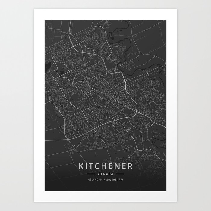 Kitchener, Canada Dark Map Art Print by Designer Map Art Society6