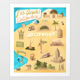 Illustrated city landmarks of Los Angeles, California Art Print