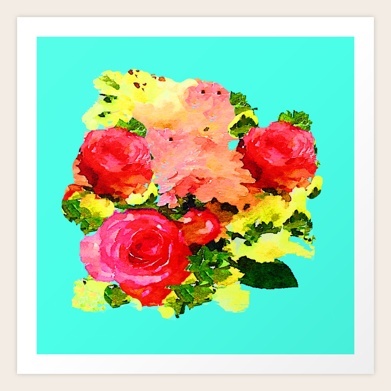 Watercolor Floral Painting With Turquoise Mint Blue Background Art