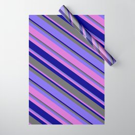 [ Thumbnail: Medium Slate Blue, Orchid, Dark Blue & Dim Grey Colored Stripes/Lines Pattern Wrapping Paper ]