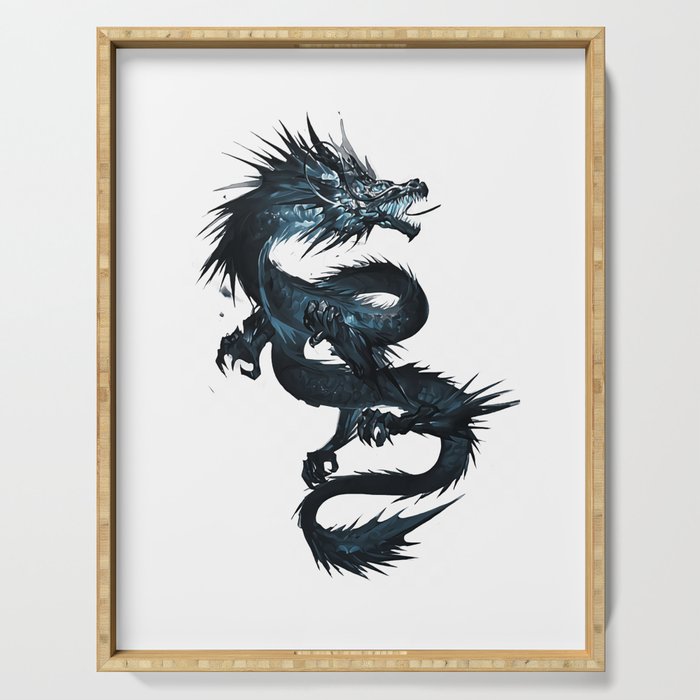 blue dragon illustration tattoo chinese dragon japanese dragon drawing handsome dragon blue ink Serving Tray