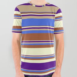 [ Thumbnail: Eyecatching Tan, Royal Blue, Sienna, Light Yellow, and Indigo Colored Lines Pattern All Over Graphic Tee ]
