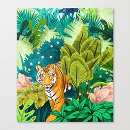 Jungle Tiger | Modern Bohemian Colorful Forest | Tropical Botanical Nature Watercolor Painting Canvas Print