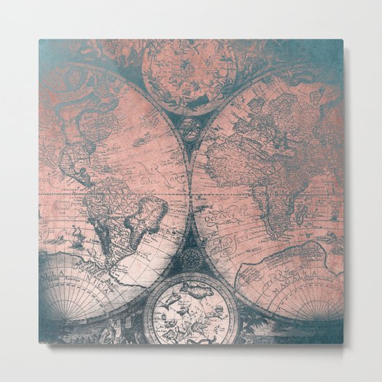 Vintage World Map Rose Gold and Storm Gray Navy Metal Print