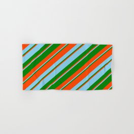 [ Thumbnail: Red, Sky Blue, and Green Colored Stripes/Lines Pattern Hand & Bath Towel ]