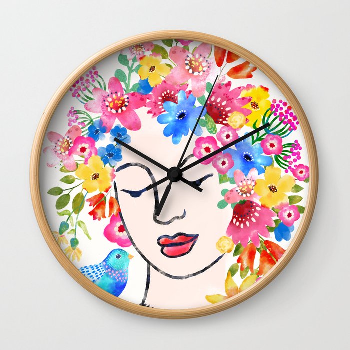 Colorful Watercolor Flower Hair Woman Talks to Birds Butterfly Wall Clock