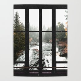 Window to the Waterfall and Forest | Foggy Forest Landscape in Autumn Poster