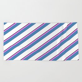 [ Thumbnail: Black, Violet, Blue & White Colored Lines/Stripes Pattern Beach Towel ]