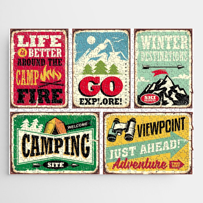 Hiking and camping retro signs collection. Outdoor activities vintage posters set. Wilderness and adventures illustration.  Jigsaw Puzzle
