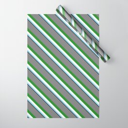 [ Thumbnail: Colorful Grey, Forest Green, Mint Cream, Sky Blue & Black Colored Pattern of Stripes Wrapping Paper ]
