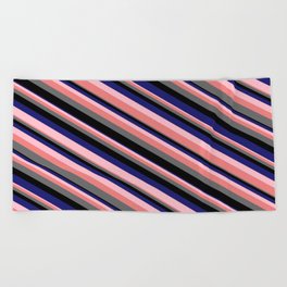 [ Thumbnail: Eye-catching Pink, Light Coral, Dim Grey, Black, and Midnight Blue Colored Stripes Pattern Beach Towel ]