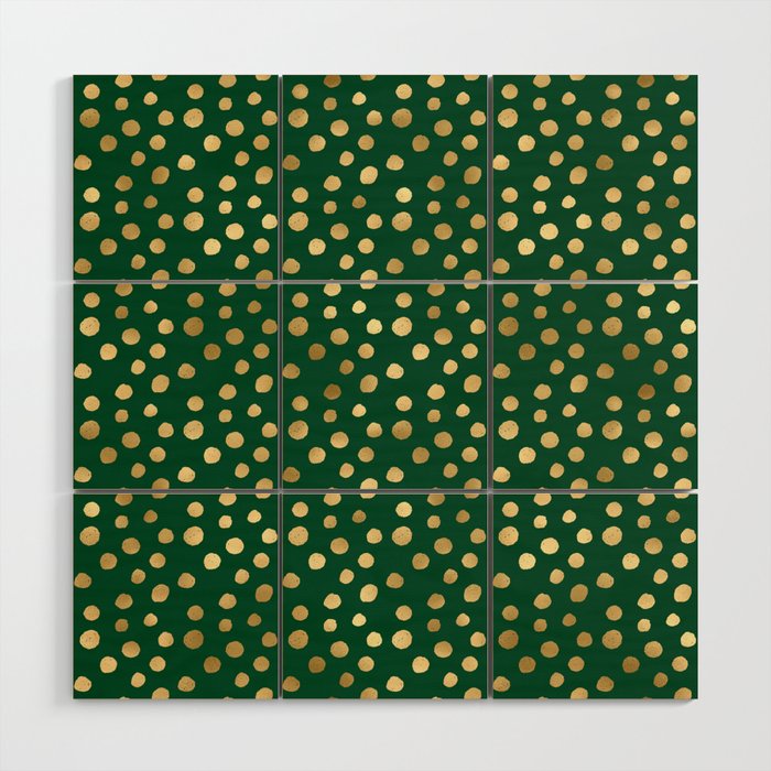 Emerald Green Gold Spots Pattern Wood Wall Art