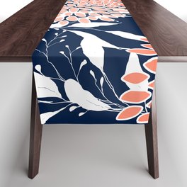 Floral Blooms and Leaves, Navy, Coral and White Table Runner