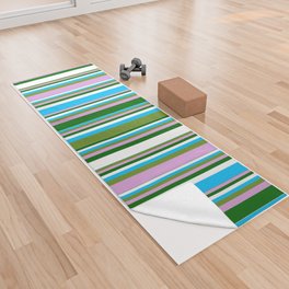 [ Thumbnail: Green, Plum, Dark Green, White & Deep Sky Blue Colored Stripes Pattern Yoga Towel ]