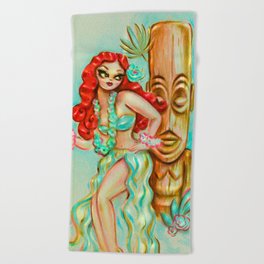 Redhead Hula Girl with Tiki Beach Towel