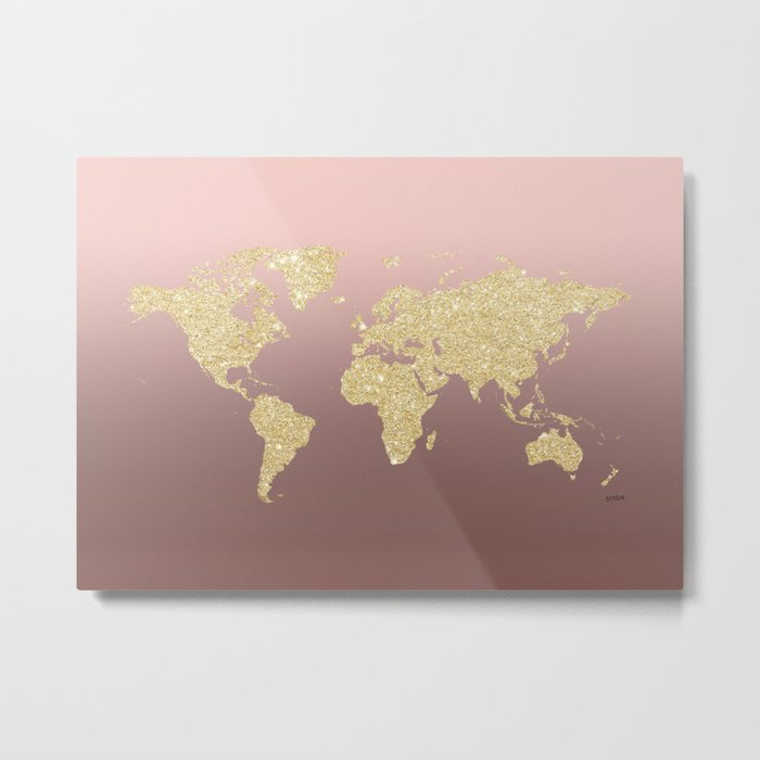 gold glitter on rose gold world map art metal print by wander wonder world maps society6