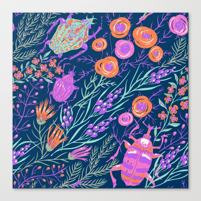 Summer Garden, Bug, flower, Navy Pattern Canvas Print