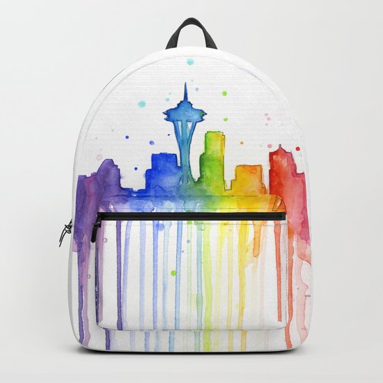 Seattle Skyline Rainbow Watercolor Backpack