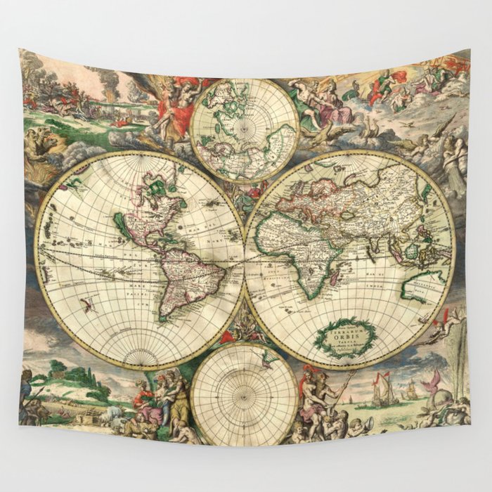 Old map of world hemispheres,by Frederick De Wit, published in Amsterdam, 1668 Wall Tapestry