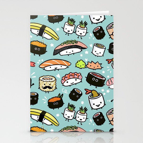 Kawaii Sushi Pattern | Cute Sashimi, Sushi Rolls, Wasabi and Ginger Stationery Cards