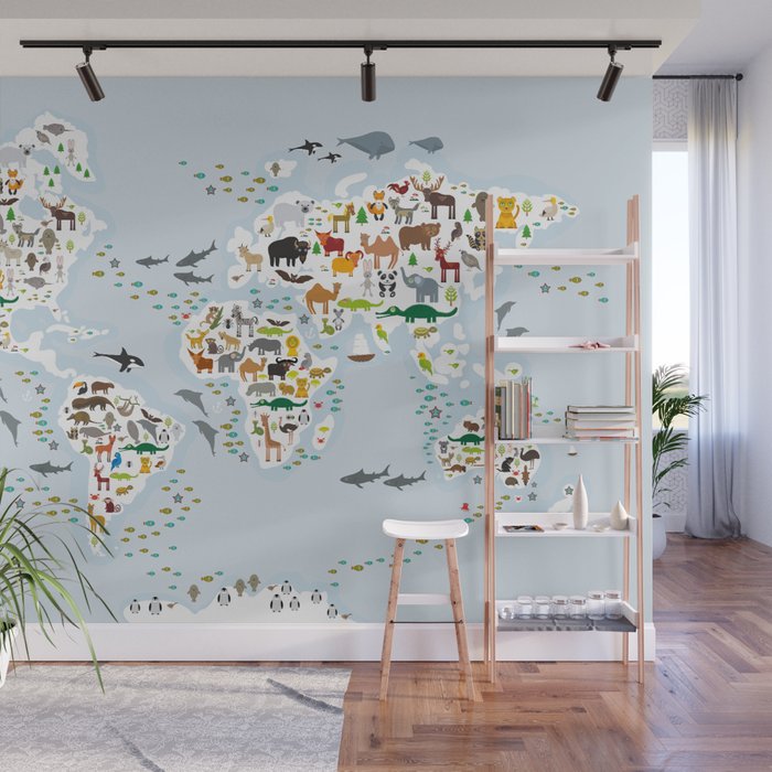 Animal World Map Wall Mural, Children's Murals