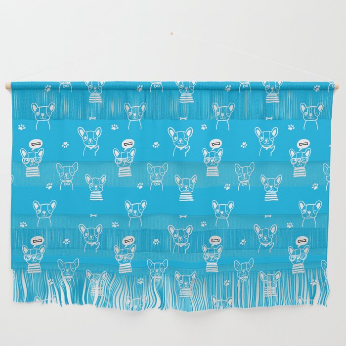 Turquoise and White Hand Drawn Dog Puppy Pattern Wall Hanging