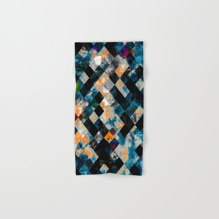 geometric pixel square pattern abstract background in blue yellow Hand & Bath Towel