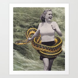 ignorance is bliss  Art Print | Vintage, Running, Humorous, Lady, Joy, Ocean, Collage, Snake, Happy, Play 