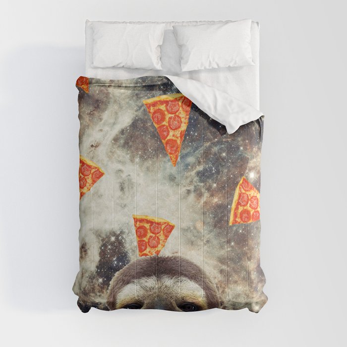 Sloth in flying pizza space Comforter