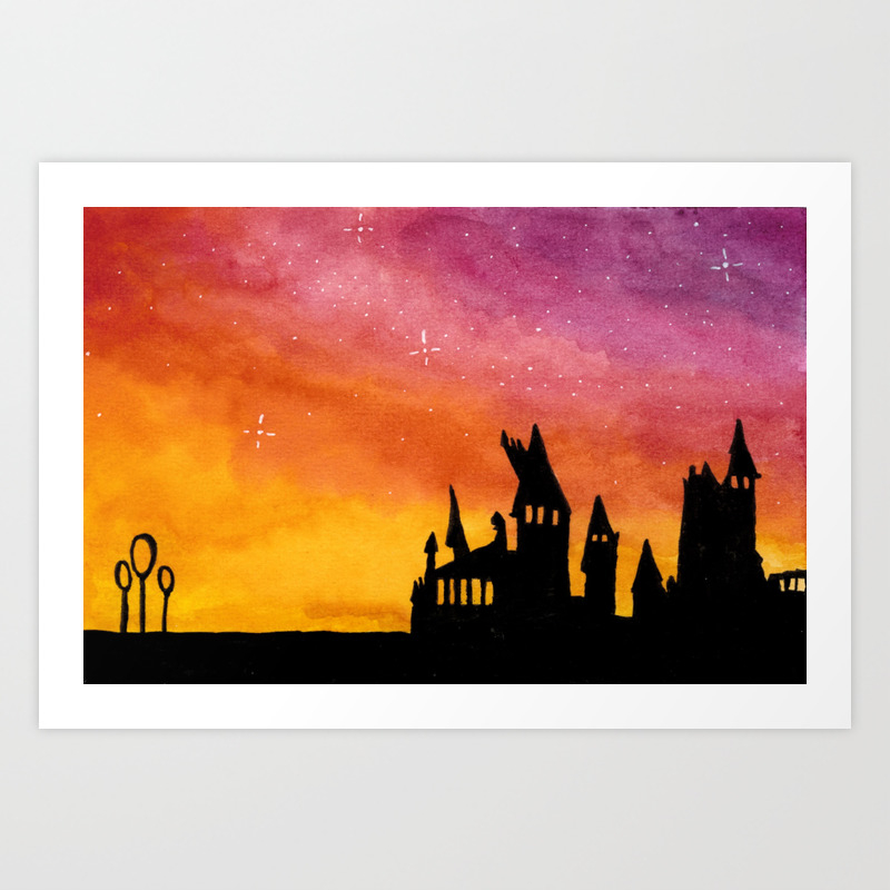 Hogwarts Watercolor Sunset Art Print By Crazydivers Society6 Silhouette of hogwarts castle in black with watercolor accents in shades of green, blue and fuchsia. hogwarts watercolor sunset art print by crazydivers