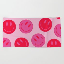 Large Pink and Red Vsco Smiley Face Pattern - Preppy Aesthetic Beach Towel