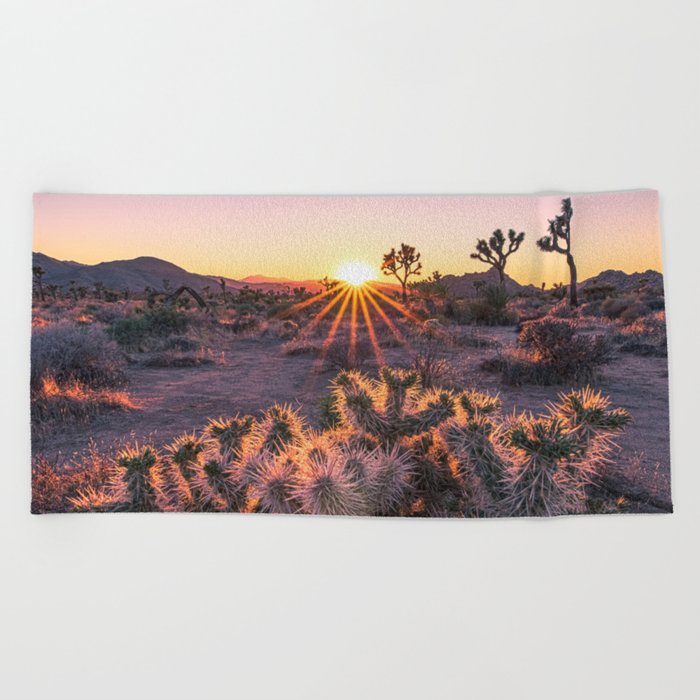 Joshua Tree Cholla Cactus Sunset Beach Towel