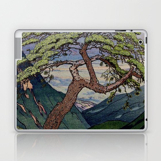 The Downwards Climbing - Summer Tree & Mountain Ukiyoe Nature Landscape in Green Laptop & iPad Skin