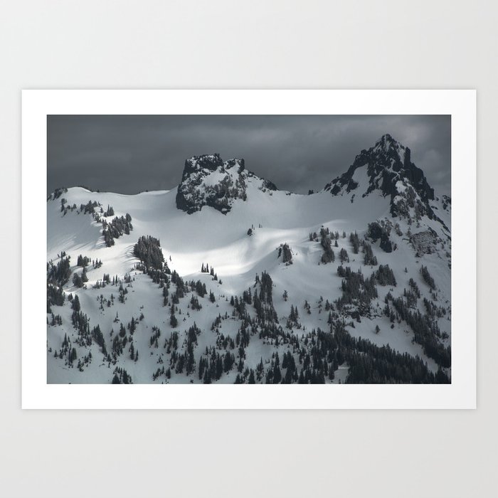 Snowy winter peak of mountains Art Print