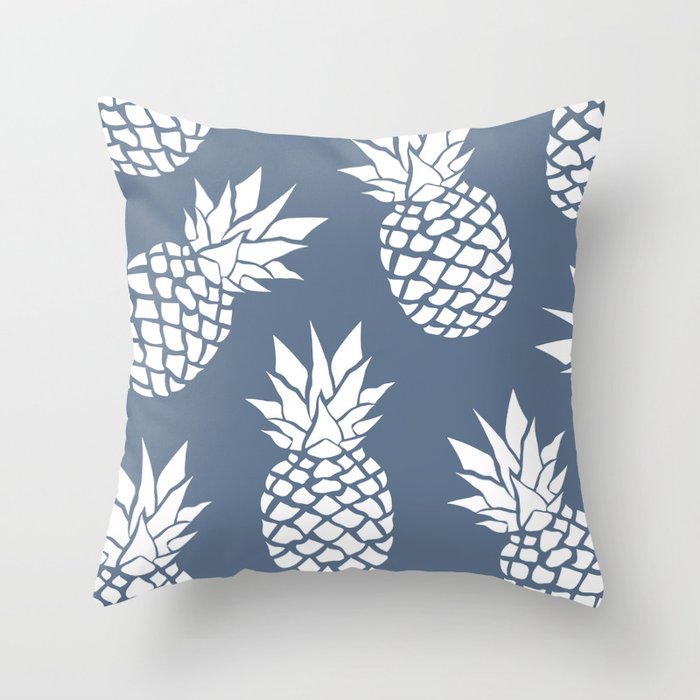 Festive, Tropical, Pineapples, Blue and White Throw Pillow