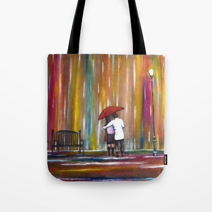 Love in a twilight colorful rain; couple with red umbrella romantic portrait painting by Manjiri Tote Bag