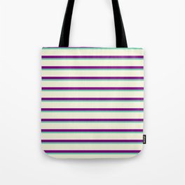 [ Thumbnail: Aquamarine, Beige & Purple Colored Lined Pattern Tote Bag ]
