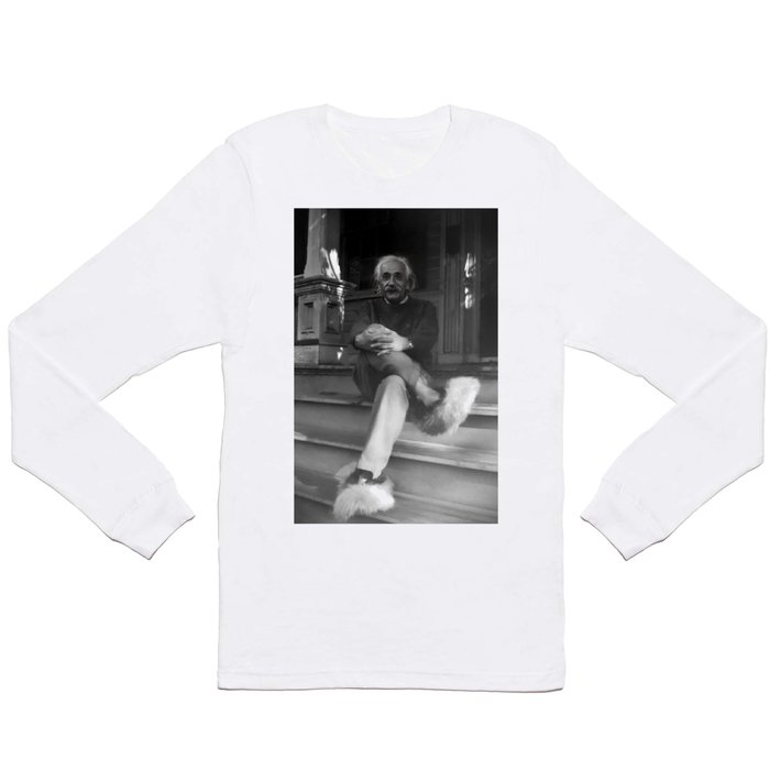 Funny Einstein in Fuzzy Slippers Classic Black and White Satirical Photography - Photographs Long Sleeve T Shirt