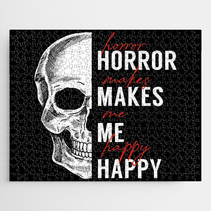 Skull Horror Makes Me Happy Black White Red Jigsaw Puzzle