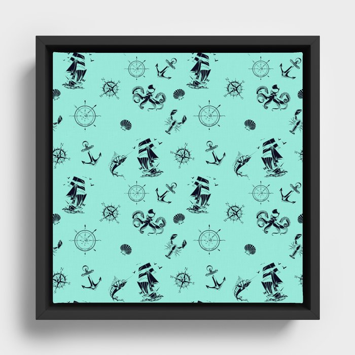 Mint Blue And Blue Silhouettes Of Vintage Nautical Pattern Framed Canvas