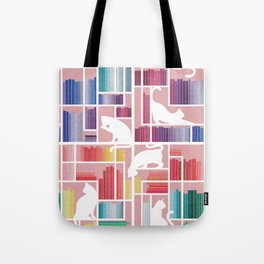 Rainbow bookshelf // blush pink background white shelf and library cats Tote Bag