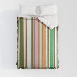 [ Thumbnail: Colorful Sea Green, Light Pink, Dark Olive Green, Brown, and White Colored Lines Pattern Comforter ]
